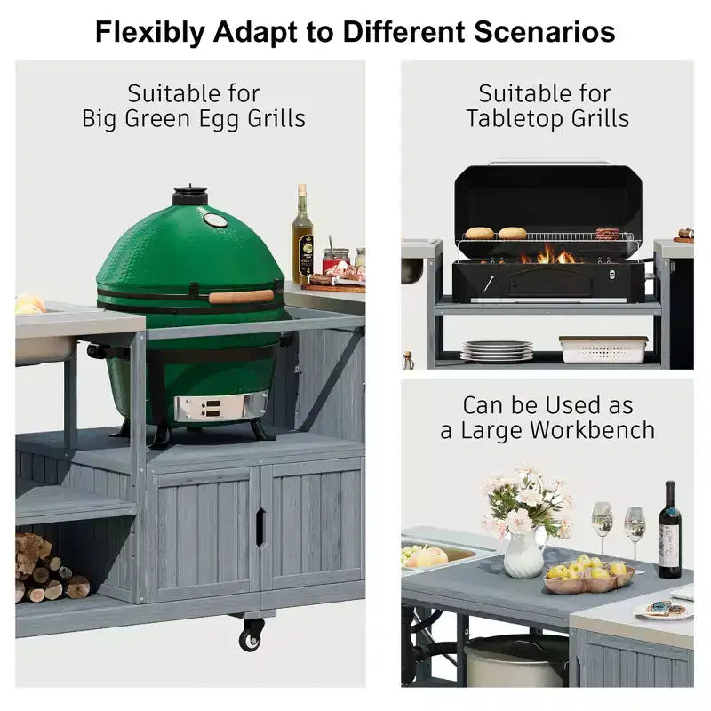 Îlot de cuisine d'extérieur avec évier, chariot de barbecue d'extérieur en bois massif pour barbecues XL Big Green Egg, chariot de bar d'extérieur roulant avec plateau en acier inoxydable