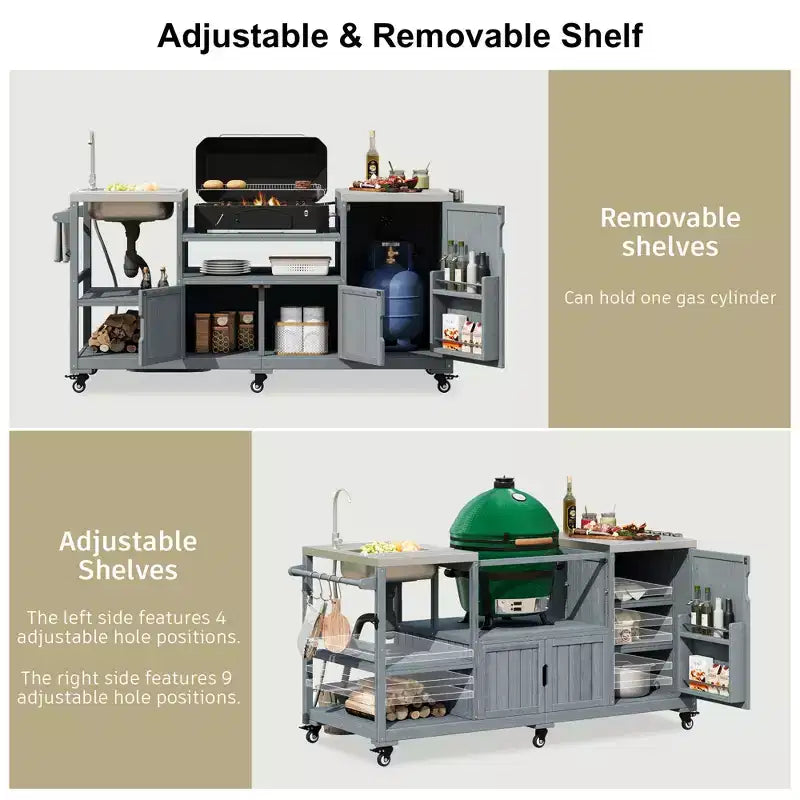 Îlot de cuisine d'extérieur avec évier, chariot de barbecue d'extérieur en bois massif pour barbecues XL Big Green Egg, chariot de bar d'extérieur roulant avec plateau en acier inoxydable