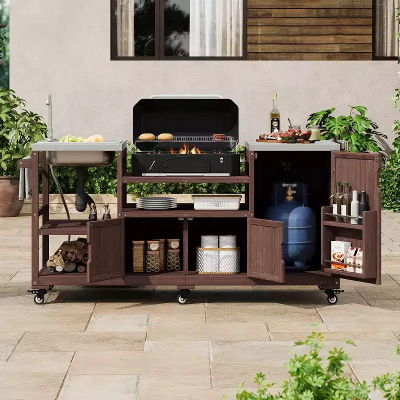 Îlot de cuisine d'extérieur avec évier, chariot de barbecue d'extérieur en bois massif pour barbecues XL Big Green Egg, chariot de bar d'extérieur roulant avec plateau en acier inoxydable