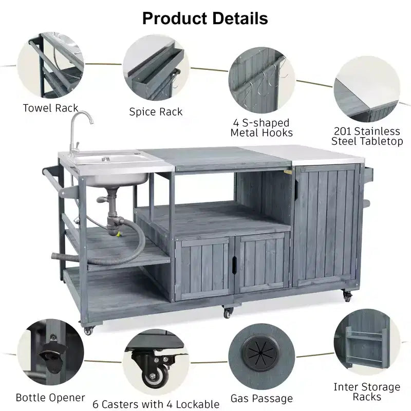Îlot de cuisine d'extérieur avec évier, chariot de barbecue d'extérieur en bois massif pour barbecues XL Big Green Egg, chariot de bar d'extérieur roulant avec plateau en acier inoxydable