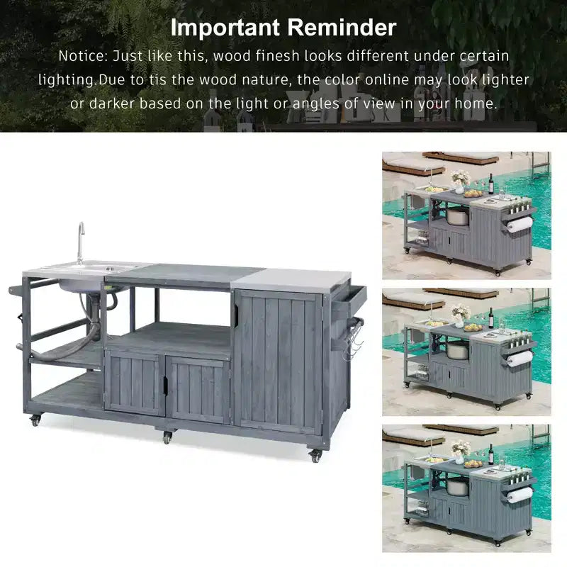 Îlot de cuisine d'extérieur avec évier, chariot de barbecue d'extérieur en bois massif pour barbecues XL Big Green Egg, chariot de bar d'extérieur roulant avec plateau en acier inoxydable