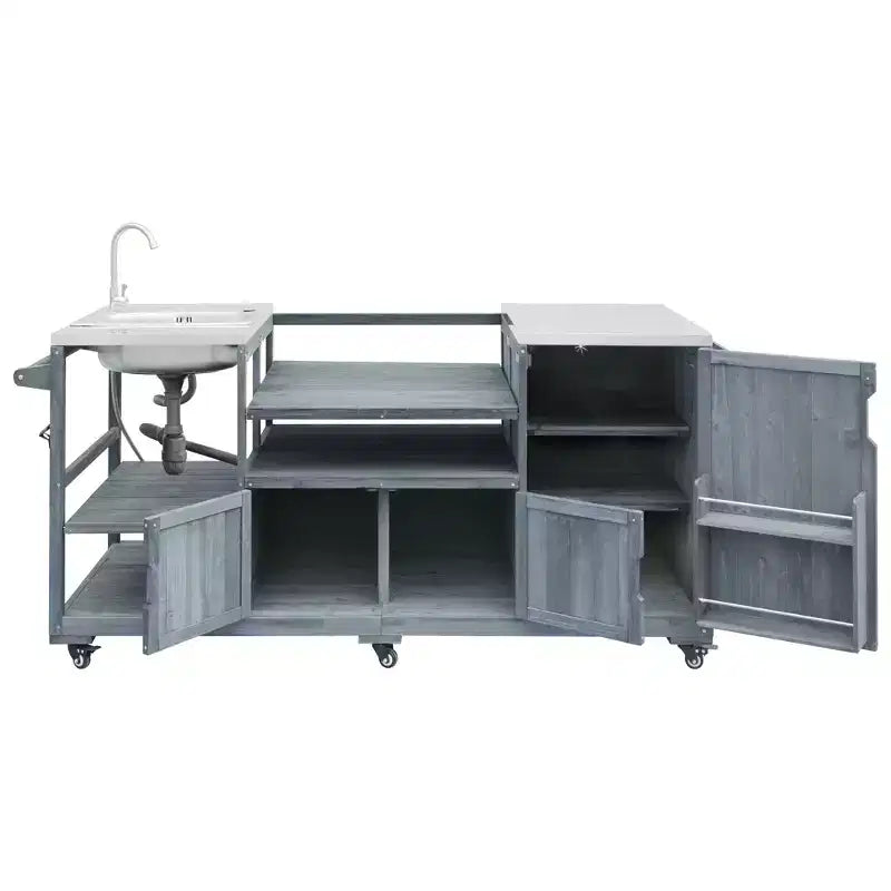 Îlot de cuisine d'extérieur avec évier, chariot de barbecue d'extérieur en bois massif pour barbecues XL Big Green Egg, chariot de bar d'extérieur roulant avec plateau en acier inoxydable