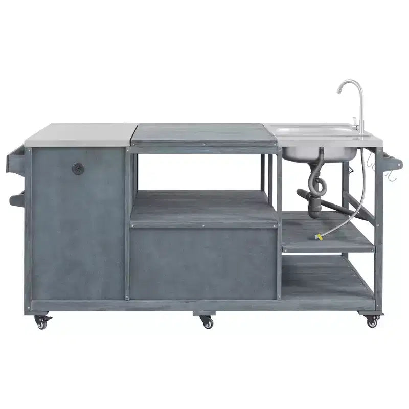 Îlot de cuisine d'extérieur avec évier, chariot de barbecue d'extérieur en bois massif pour barbecues XL Big Green Egg, chariot de bar d'extérieur roulant avec plateau en acier inoxydable