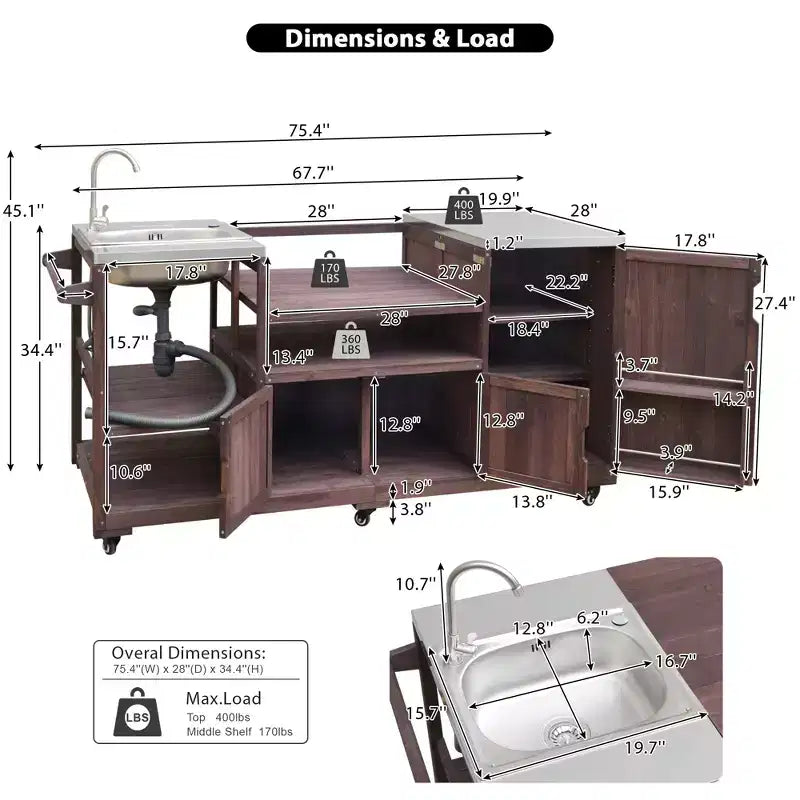 Îlot de cuisine d'extérieur avec évier, chariot de barbecue d'extérieur en bois massif pour barbecues XL Big Green Egg, chariot de bar d'extérieur roulant avec plateau en acier inoxydable