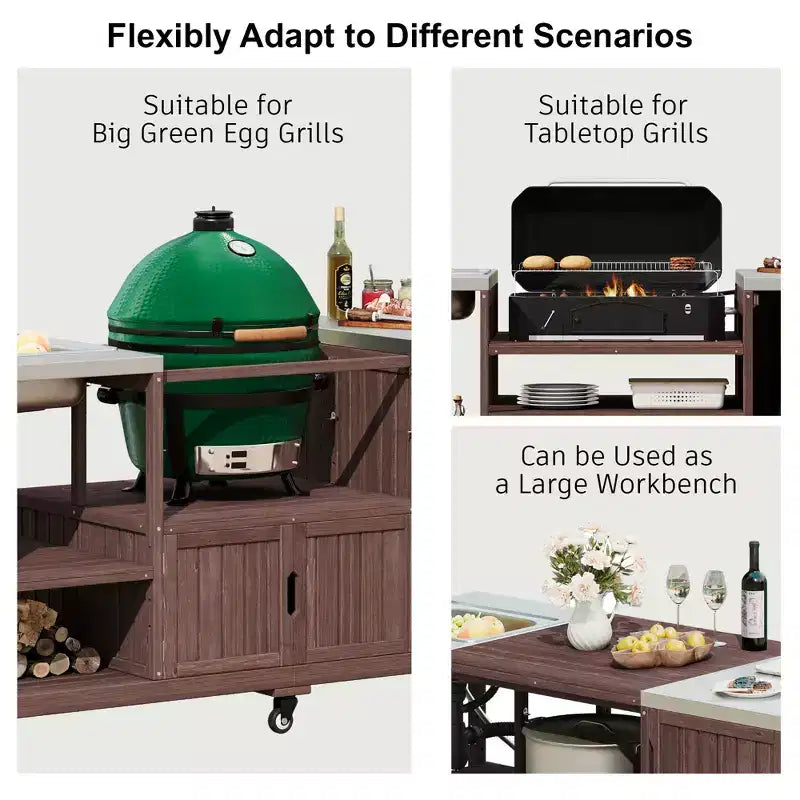 Îlot de cuisine d'extérieur avec évier, chariot de barbecue d'extérieur en bois massif pour barbecues XL Big Green Egg, chariot de bar d'extérieur roulant avec plateau en acier inoxydable