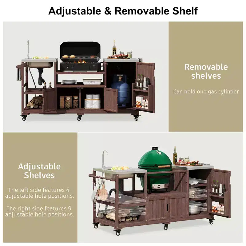 Îlot de cuisine d'extérieur avec évier, chariot de barbecue d'extérieur en bois massif pour barbecues XL Big Green Egg, chariot de bar d'extérieur roulant avec plateau en acier inoxydable