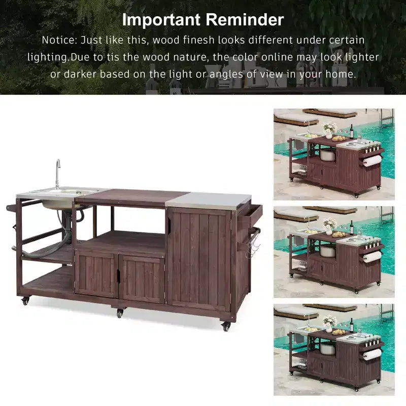 Îlot de cuisine d'extérieur avec évier, chariot de barbecue d'extérieur en bois massif pour barbecues XL Big Green Egg, chariot de bar d'extérieur roulant avec plateau en acier inoxydable