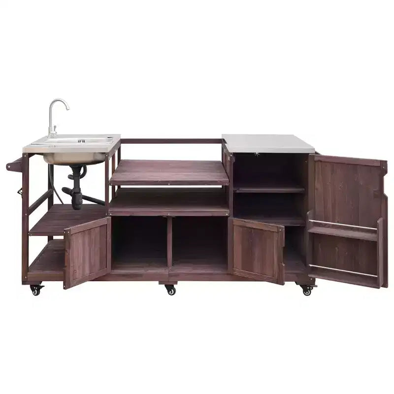 Îlot de cuisine d'extérieur avec évier, chariot de barbecue d'extérieur en bois massif pour barbecues XL Big Green Egg, chariot de bar d'extérieur roulant avec plateau en acier inoxydable