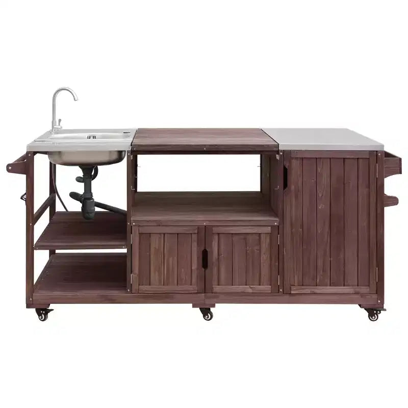 Îlot de cuisine d'extérieur avec évier, chariot de barbecue d'extérieur en bois massif pour barbecues XL Big Green Egg, chariot de bar d'extérieur roulant avec plateau en acier inoxydable