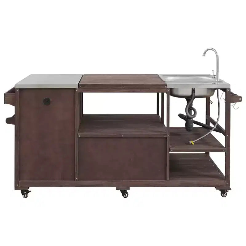 Îlot de cuisine d'extérieur avec évier, chariot de barbecue d'extérieur en bois massif pour barbecues XL Big Green Egg, chariot de bar d'extérieur roulant avec plateau en acier inoxydable