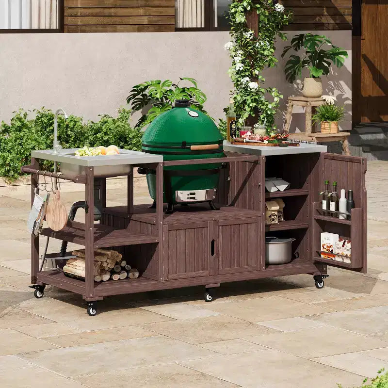 Outdoor Kitchen Island with Sink, Solid Wood Outdoor Grill Cart for XL Green Egg Grills, Rolling Outdoor Bar Cart with Stainless Steel Top