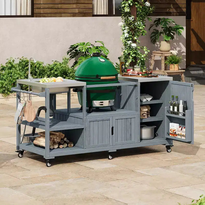 Îlot de cuisine d'extérieur avec évier, chariot de barbecue d'extérieur en bois massif pour barbecues XL Big Green Egg, chariot de bar d'extérieur roulant avec plateau en acier inoxydable
