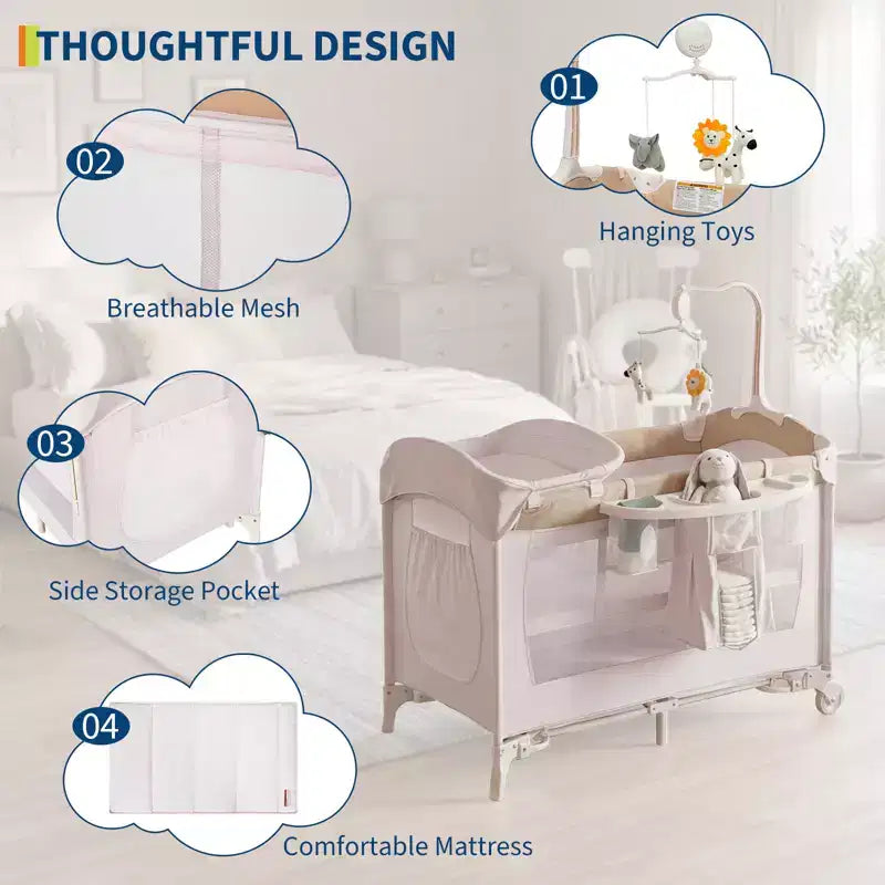 Parc bébé pliable 3 en 1 avec berceau et table à langer, aire de jeu portable avec jouets et roues pour nouveau-né et tout-petit