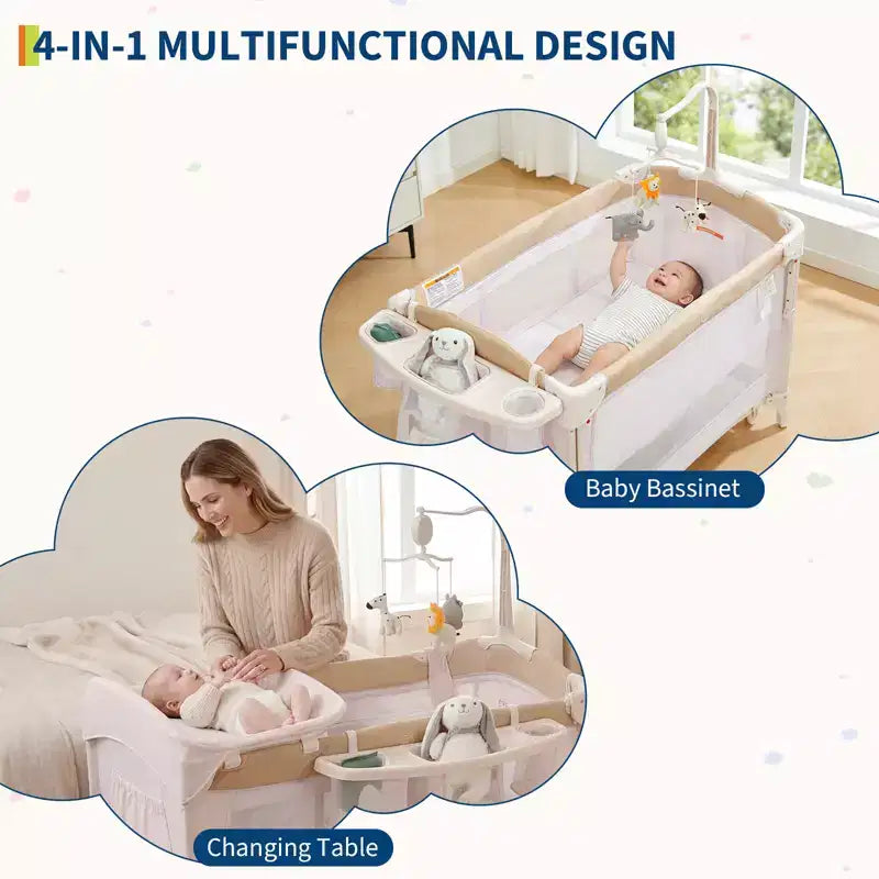 Parc bébé pliable 3 en 1 avec berceau et table à langer, aire de jeu portable avec jouets et roues pour nouveau-né et tout-petit