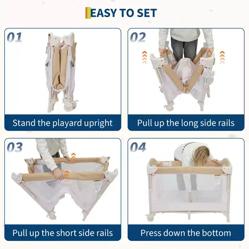 Parc bébé pliable 3 en 1 avec berceau et table à langer, aire de jeu portable avec jouets et roues pour nouveau-né et tout-petit
