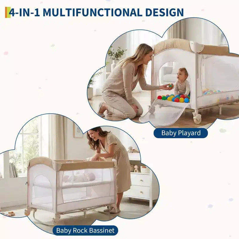 Parc bébé pliable 3 en 1 avec berceau et table à langer, aire de jeu portable avec jouets et roues pour nouveau-né et tout-petit