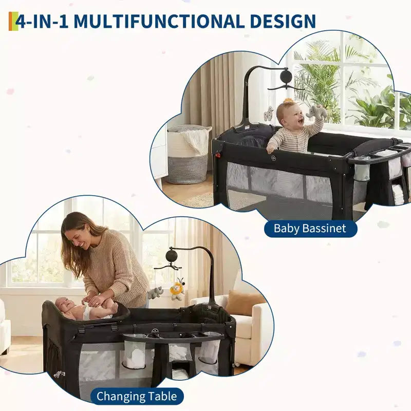 Parc bébé pliable 3 en 1 avec berceau et table à langer, aire de jeu portable avec jouets et roues pour nouveau-né et tout-petit