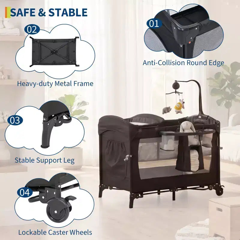 Parc bébé pliable 3 en 1 avec berceau et table à langer, aire de jeu portable avec jouets et roues pour nouveau-né et tout-petit