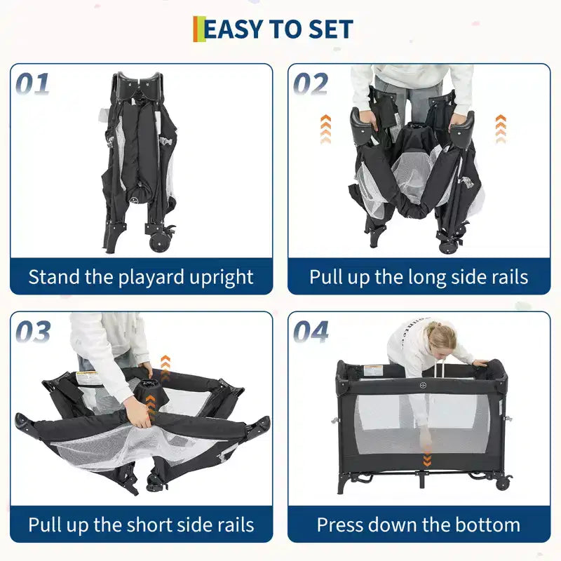 Parc bébé pliable 3 en 1 avec berceau et table à langer, aire de jeu portable avec jouets et roues pour nouveau-né et tout-petit