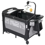 3-in-1 Foldable Baby Playpen with Bassinet & Changing Table, Portable Pack and Play Travel Mesh Playard with Toys & Wheels for Newborn Toddler