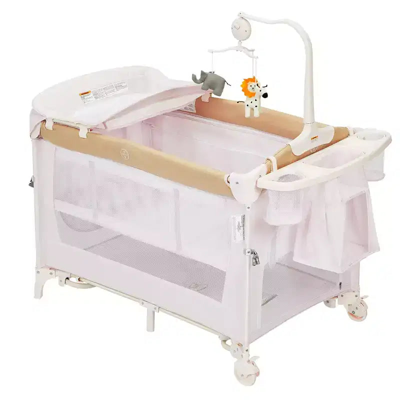 Parc bébé pliable 3 en 1 avec berceau et table à langer, aire de jeu portable avec jouets et roues pour nouveau-né et tout-petit