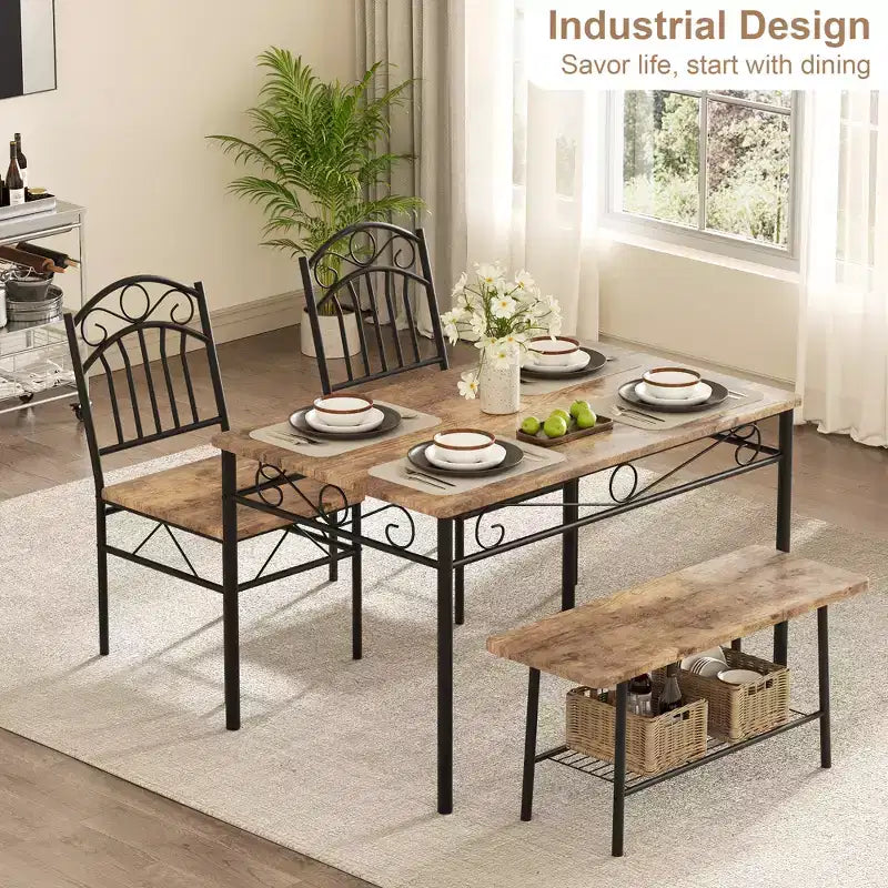 Ensemble de table à manger pour 4, table de cuisine 4 pièces avec 1 banc et 2 chaises, ensemble de table de cuisine avec cadre en métal et étagère de rangement, mobilier de salle à manger