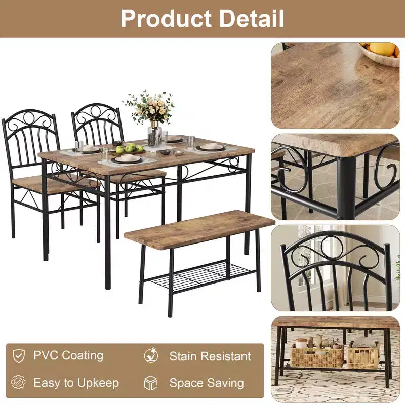 Ensemble de table à manger pour 4, table de cuisine 4 pièces avec 1 banc et 2 chaises, ensemble de table de cuisine avec cadre en métal et étagère de rangement, mobilier de salle à manger