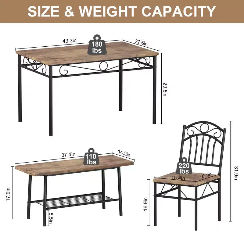 Ensemble de table à manger pour 4, table de cuisine 4 pièces avec 1 banc et 2 chaises, ensemble de table de cuisine avec cadre en métal et étagère de rangement, mobilier de salle à manger