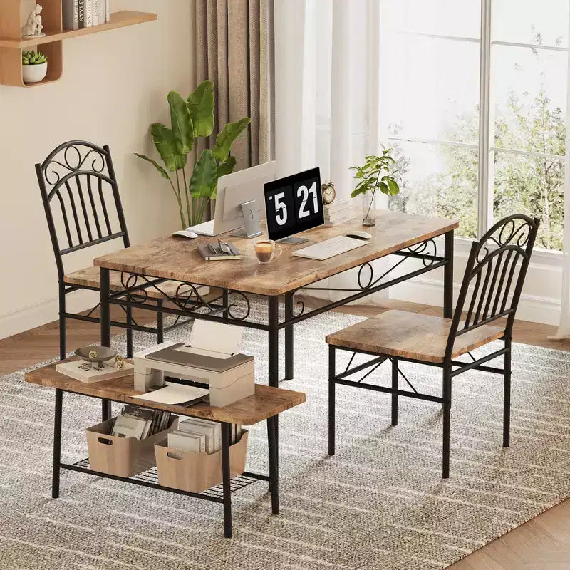 Ensemble de table à manger pour 4, table de cuisine 4 pièces avec 1 banc et 2 chaises, ensemble de table de cuisine avec cadre en métal et étagère de rangement, mobilier de salle à manger