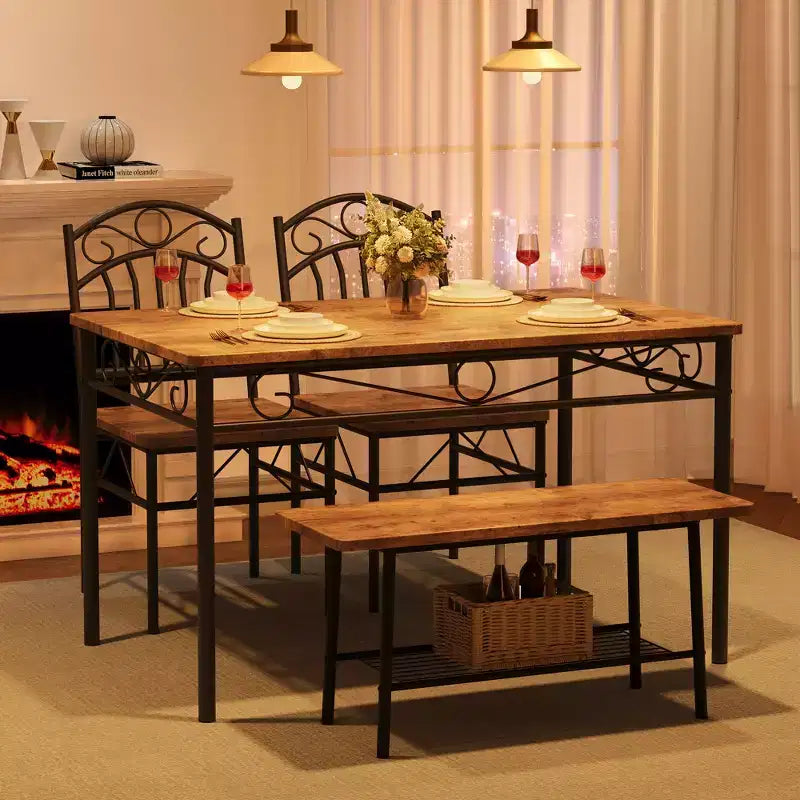 Ensemble de table à manger pour 4, table de cuisine 4 pièces avec 1 banc et 2 chaises, ensemble de table de cuisine avec cadre en métal et étagère de rangement, mobilier de salle à manger