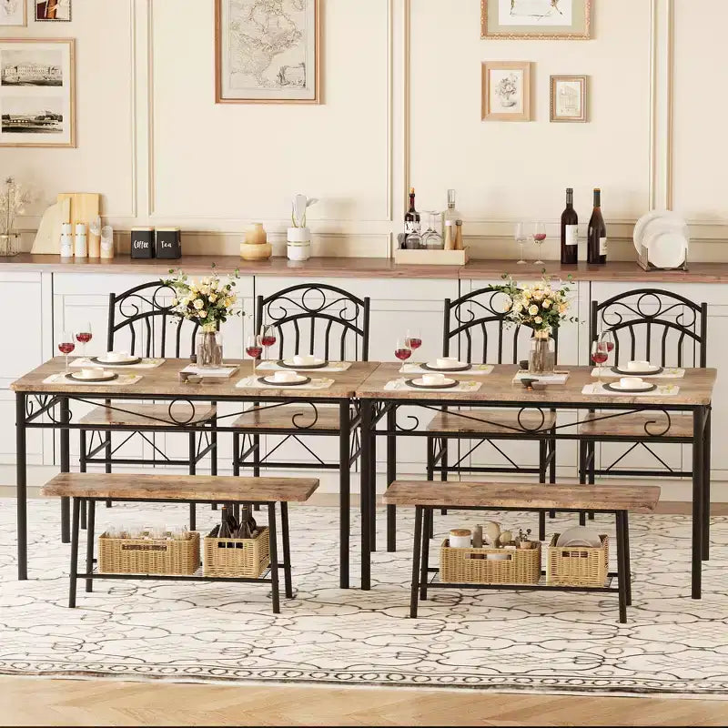 Ensemble de table à manger pour 4, table de cuisine 4 pièces avec 1 banc et 2 chaises, ensemble de table de cuisine avec cadre en métal et étagère de rangement, mobilier de salle à manger