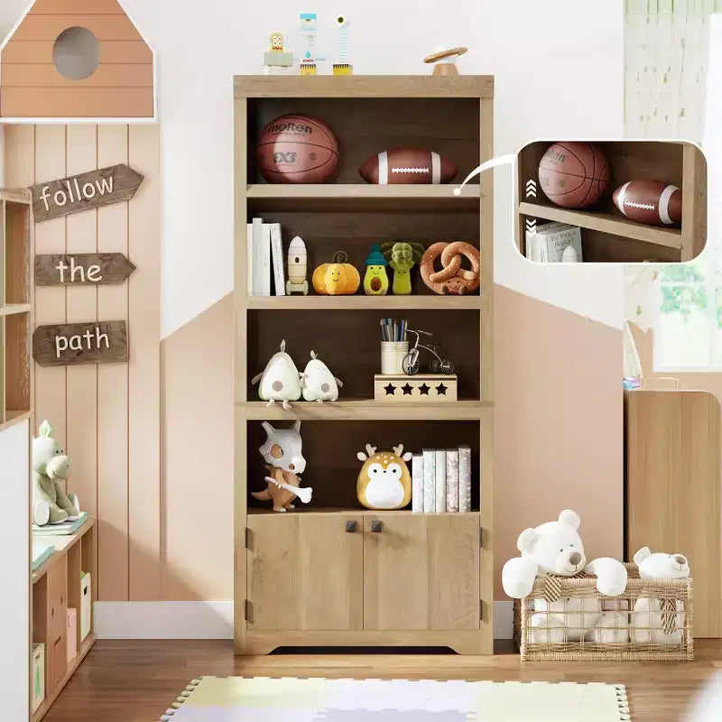 Bibliothèque de ferme à 5 niveaux avec 2 portes de rangement, étagère ouverte de 175 cm de haut avec étagères réglables pour le salon, le bureau et le télétravail