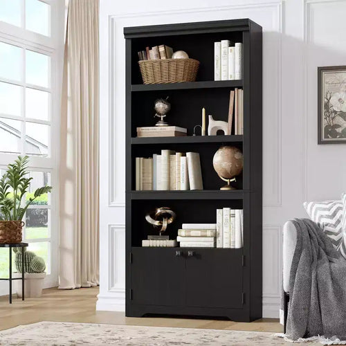 5-Tier Farmhouse Bookcase with 2 Storage Doors, 69 Tall Open Bookshelf Display Rack with Adjustable Shelves for Living Room, Study & Home Office