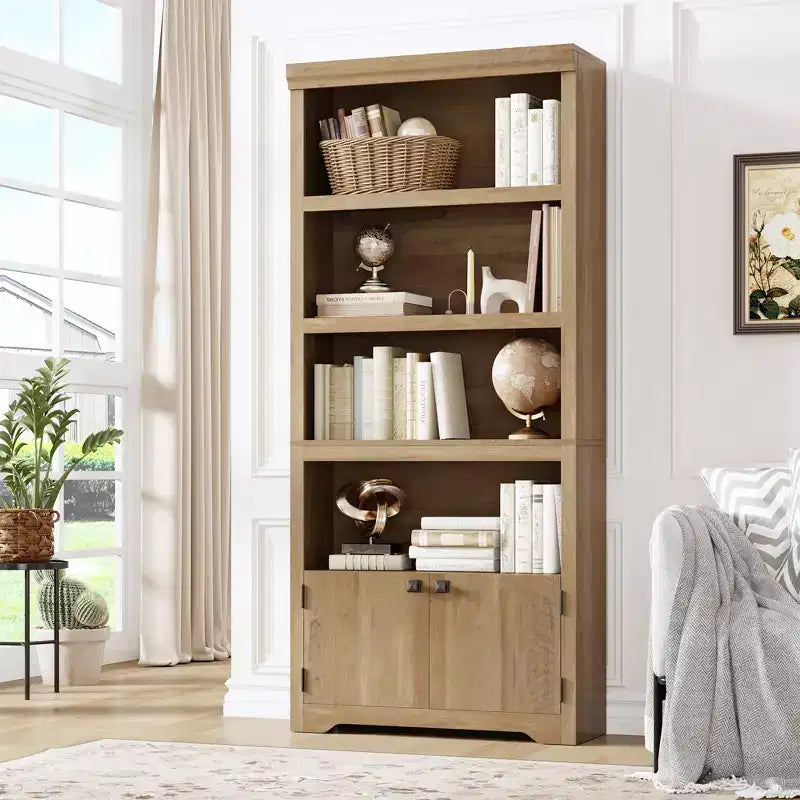 Bibliothèque de ferme à 5 niveaux avec 2 portes de rangement, étagère ouverte de 175 cm de haut avec étagères réglables pour le salon, le bureau et le télétravail
