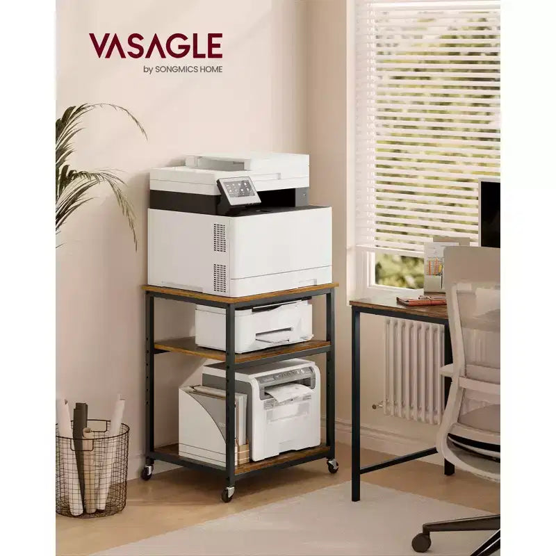 VASAGLE Meuble d'Imprimante, Chariot à roulettes, Table d'appoint sous Bureau, Mobile avec Roues Verrouillables, Cadre en Acier, pour Bureau à Domicile, Étagère de Rangement, 3 Niveaux