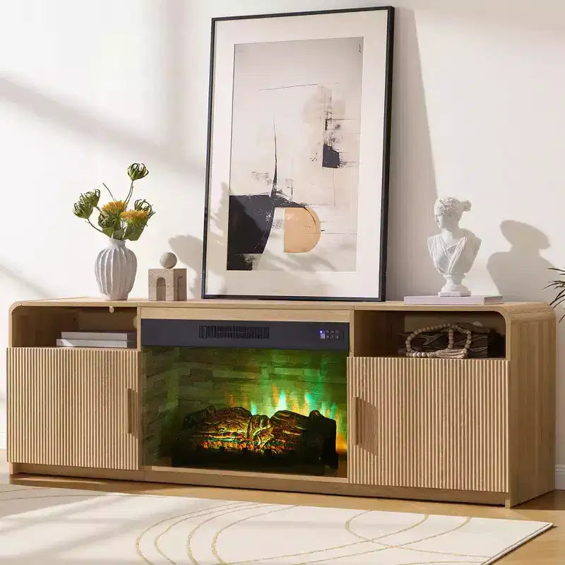 AMERLIFE 70in Fluted Fireplace TV Stand for TVs up to 80in with 30in Electric Fireplace Storage, Natural Oak