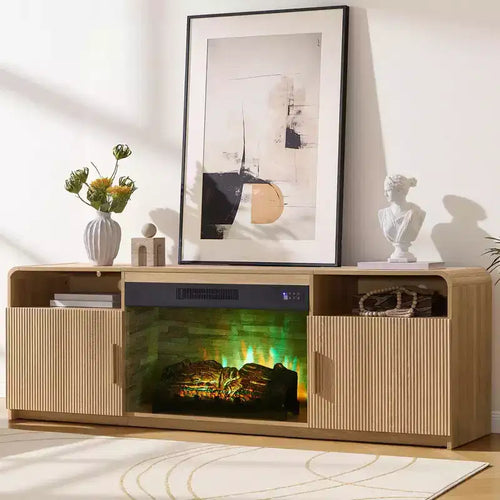 AMERLIFE 70in Fluted Fireplace TV Stand for TVs up to 80in with 30in Electric Fireplace Storage, Natural Oak