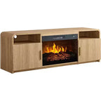 Meuble TV de cheminée cannelé AMERLIFE de 70 po pour téléviseurs jusqu'à 80 po avec foyer électrique de 30 po et rangement, Chêne naturel