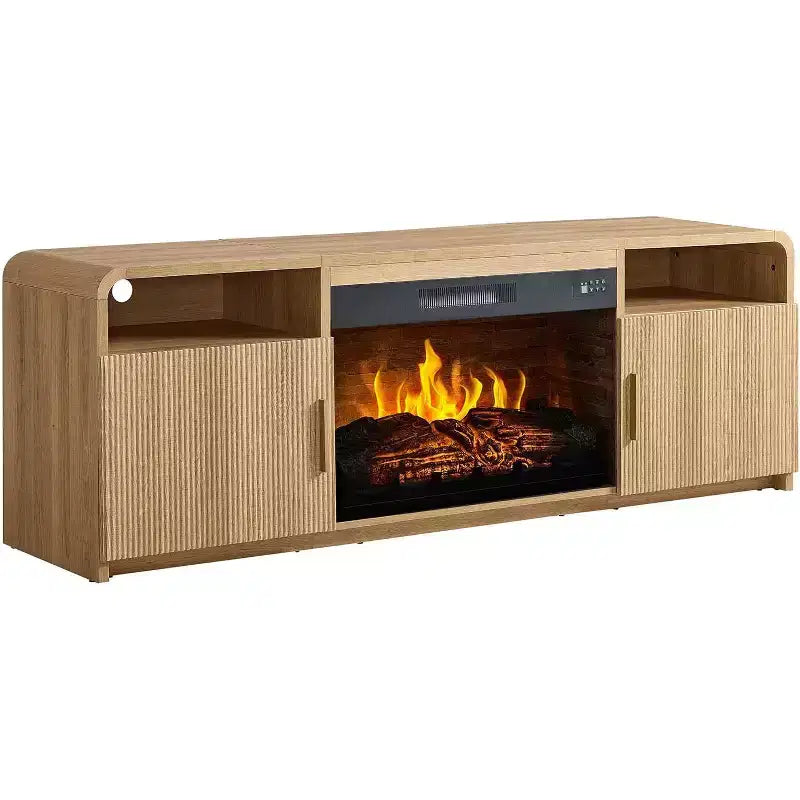 Meuble TV de cheminée cannelé AMERLIFE de 70 po pour téléviseurs jusqu'à 80 po avec foyer électrique de 30 po et rangement, Chêne naturel