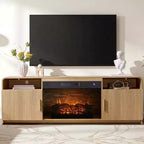 Meuble TV de cheminée cannelé AMERLIFE de 70 po pour téléviseurs jusqu'à 80 po avec foyer électrique de 30 po et rangement, Chêne naturel