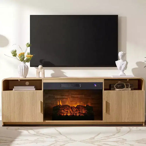 Meuble TV de cheminée cannelé AMERLIFE de 70 po pour téléviseurs jusqu'à 80 po avec foyer électrique de 30 po et rangement, Chêne naturel