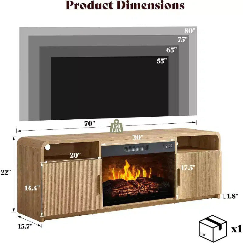Meuble TV de cheminée cannelé AMERLIFE de 70 po pour téléviseurs jusqu'à 80 po avec foyer électrique de 30 po et rangement, Chêne naturel