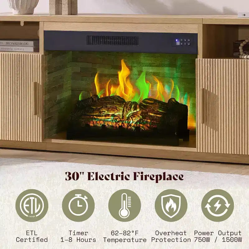 Meuble TV de cheminée cannelé AMERLIFE de 70 po pour téléviseurs jusqu'à 80 po avec foyer électrique de 30 po et rangement, Chêne naturel