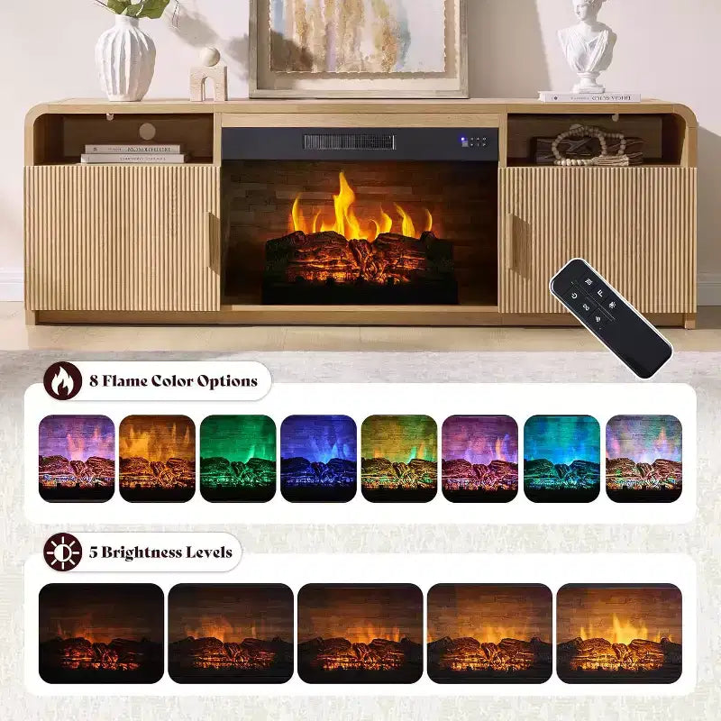 Meuble TV de cheminée cannelé AMERLIFE de 70 po pour téléviseurs jusqu'à 80 po avec foyer électrique de 30 po et rangement, Chêne naturel