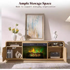 Meuble TV de cheminée cannelé AMERLIFE de 70 po pour téléviseurs jusqu'à 80 po avec foyer électrique de 30 po et rangement, Chêne naturel