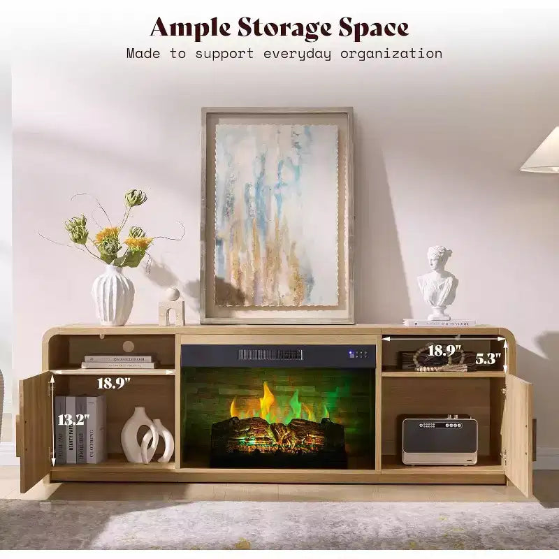 Meuble TV de cheminée cannelé AMERLIFE de 70 po pour téléviseurs jusqu'à 80 po avec foyer électrique de 30 po et rangement, Chêne naturel