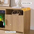 Meuble TV de cheminée cannelé AMERLIFE de 70 po pour téléviseurs jusqu'à 80 po avec foyer électrique de 30 po et rangement, Chêne naturel
