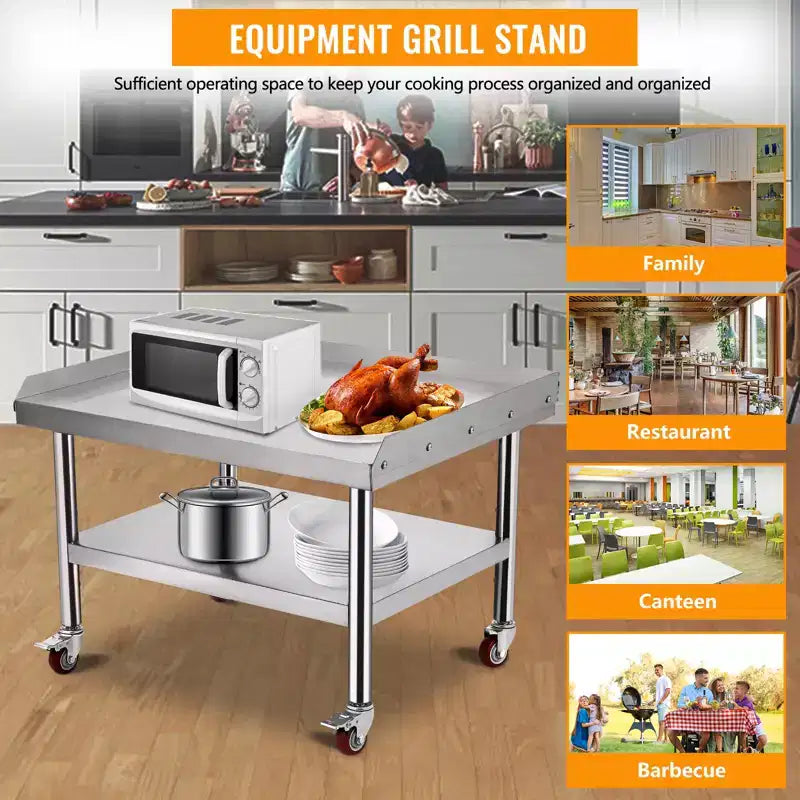 Support de gril commercial 24x24 - Table d'équipement robuste en acier inoxydable, capacité de 450 kg, pieds réglables et bord de sécurité, avec roulettes