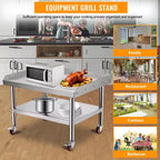 Support de gril commercial 24x24 - Table d'équipement robuste en acier inoxydable, capacité de 450 kg, pieds réglables et bord de sécurité, avec roulettes