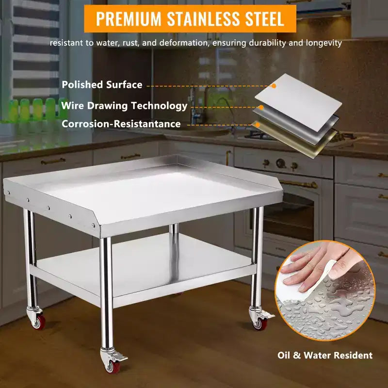 Support de gril commercial 24x24 - Table d'équipement robuste en acier inoxydable, capacité de 450 kg, pieds réglables et bord de sécurité, avec roulettes